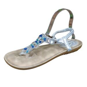 Siketu Q383-3 Women Jewel Thong Sandal Sz 45 Summer Dress Silver Blue Rhinestone